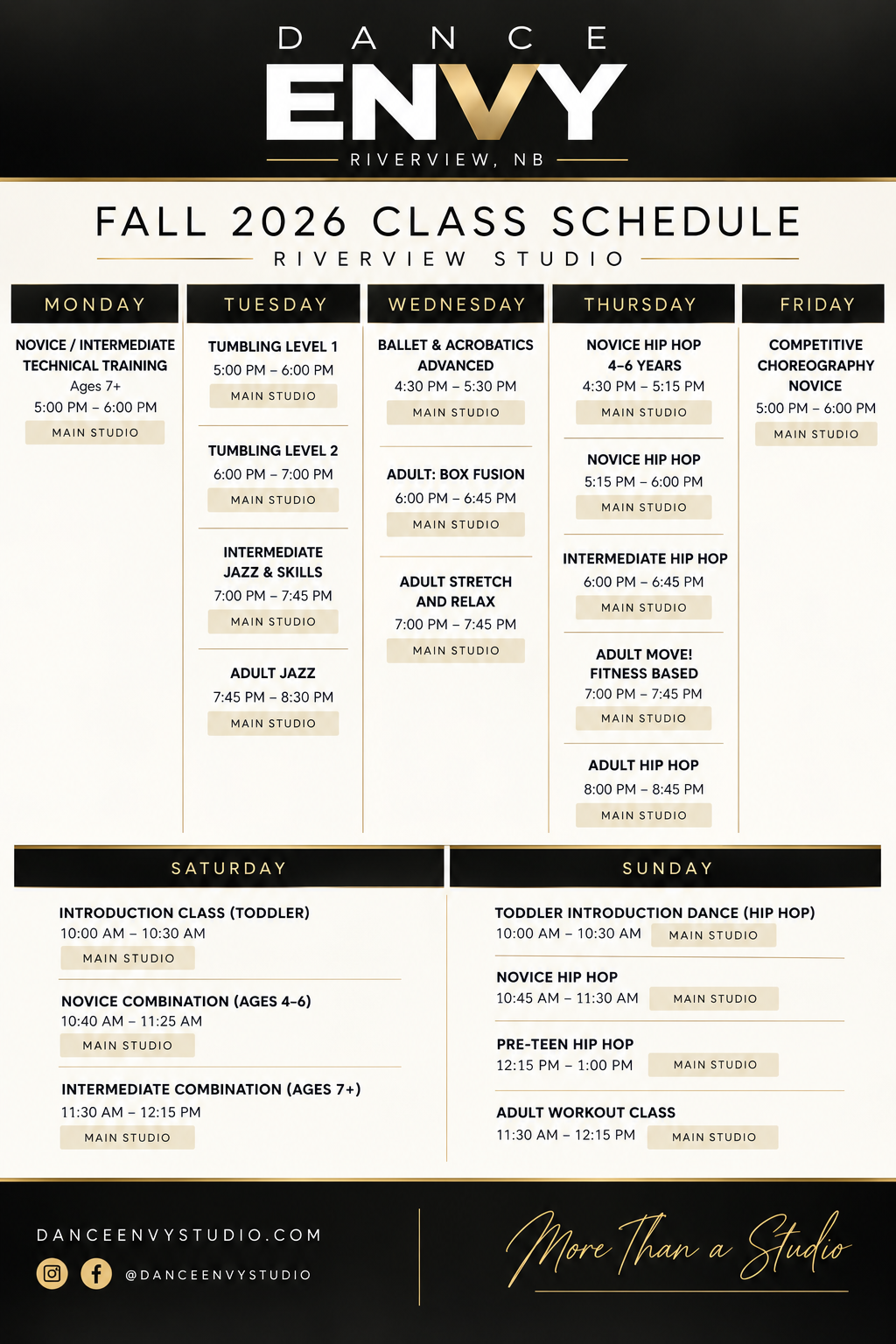 Dance Envy Riverview Fall 2026 class schedule