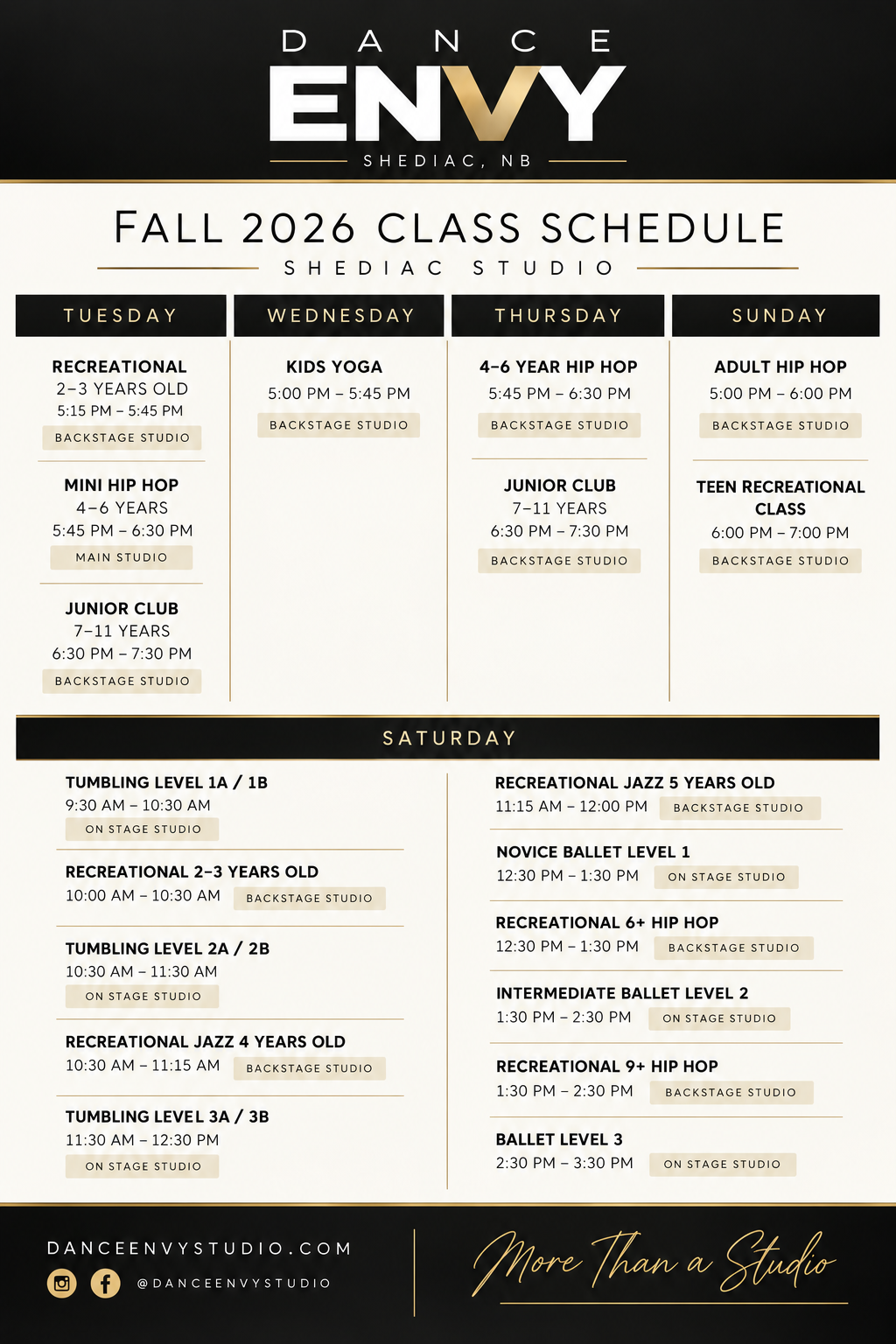 Dance Envy Shediac Fall 2026 class schedule